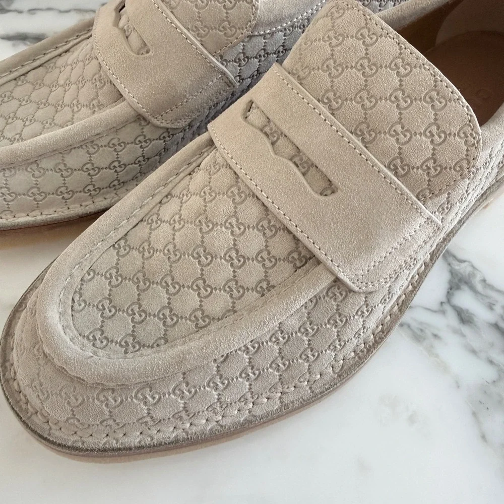 GUCCI GG Moreau Moccasin Tan Suede Loafer Shoe Penny Strap, G 8+